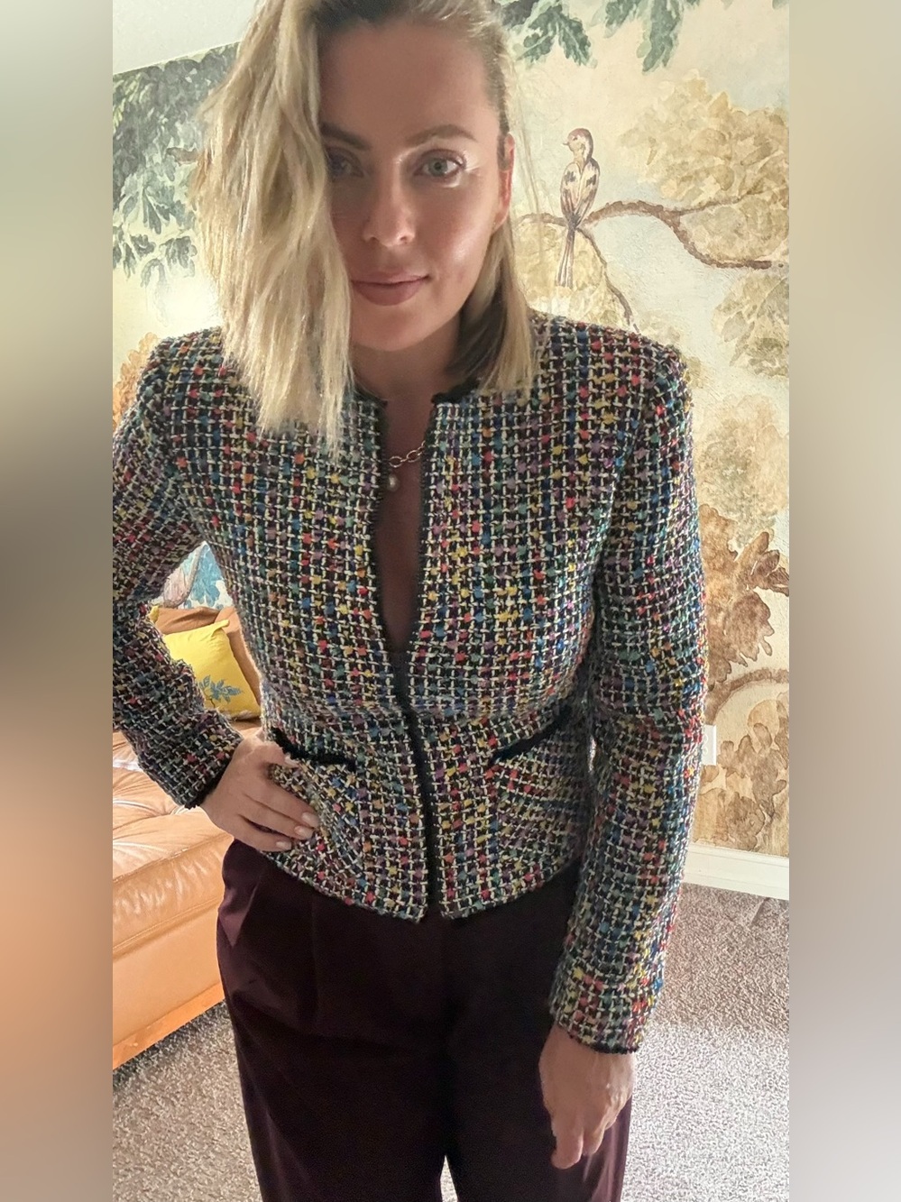 Vintage Anthracite Tweed Jacket Women Size 6 Multicolor Chanel Style Blazer - Picture 2 of 12
